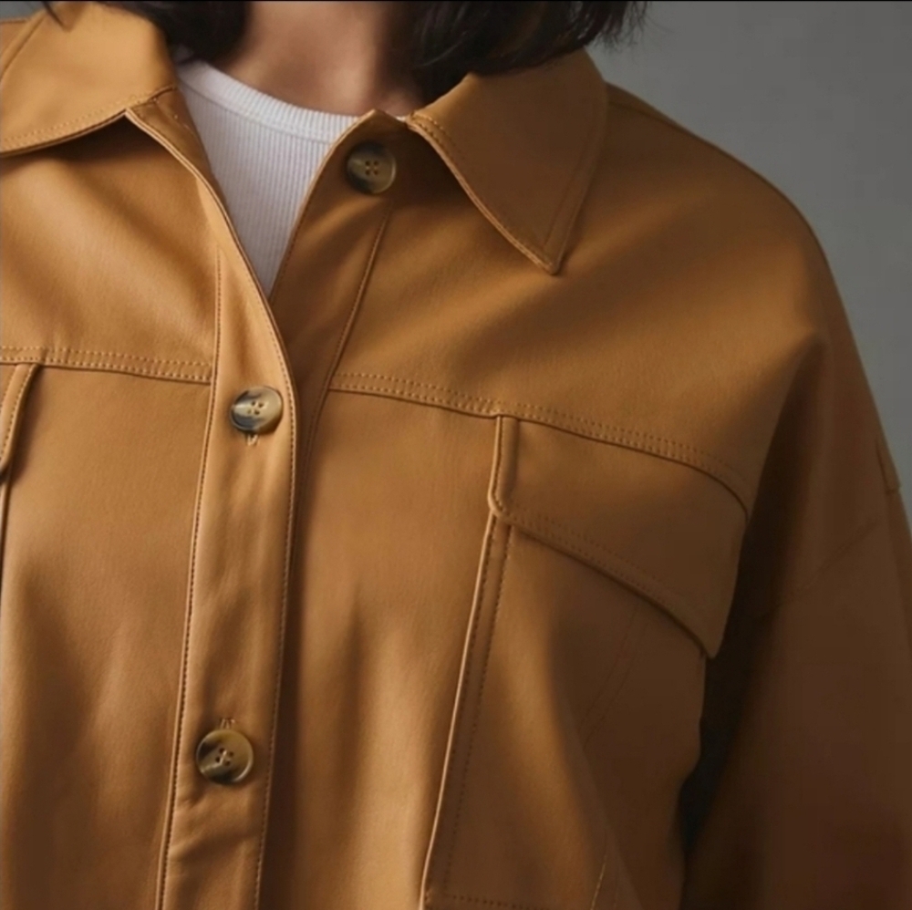 Anthropologie Maeve Faux Leather Shacket Camel Tan Button Front Jacket NWT Large - Picture 5 of 16